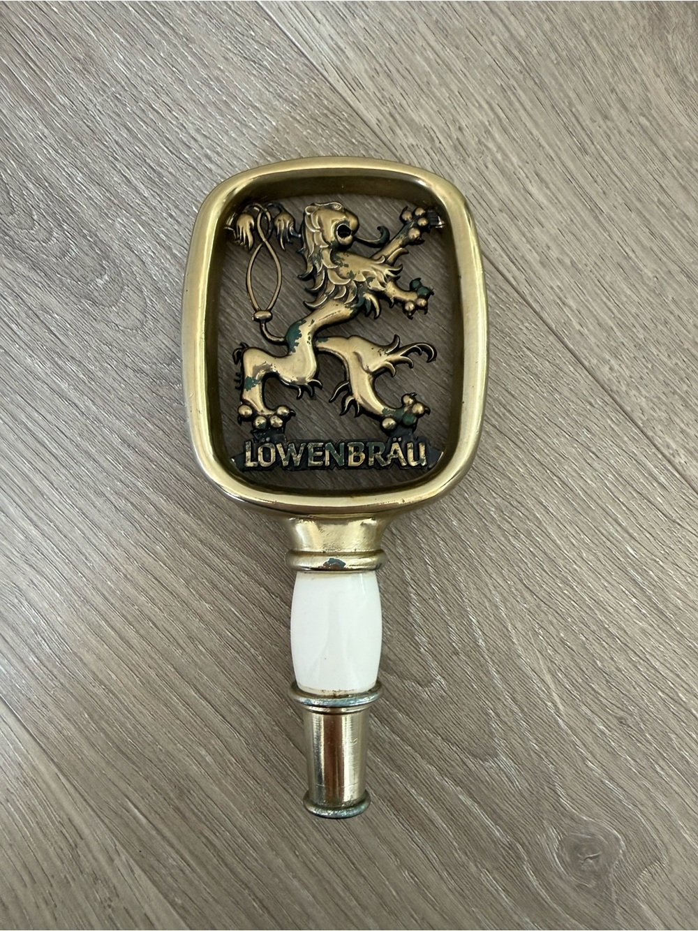 Vintage Löwenbräu Beer Tap Handle - Brass & Ceramic Lion Shield - Rare Bar Decor